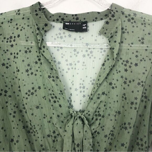 ASOS | Star Print Sheer Green Blouse Tie Front Ruffle Bottom Women’s Size 8 - Picture 4 of 10